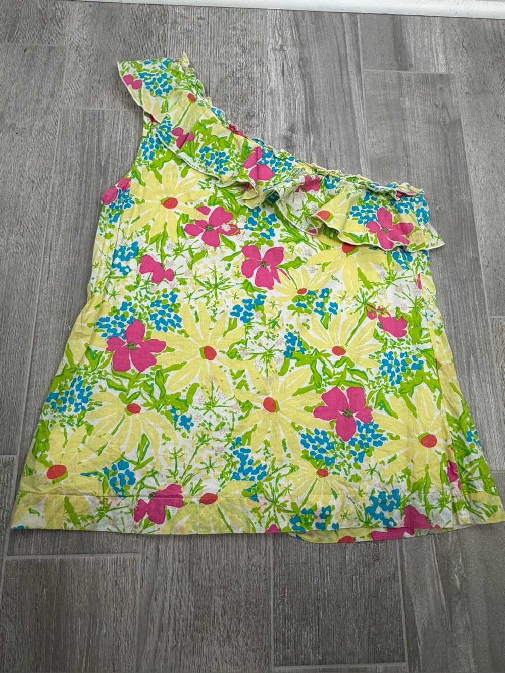 Lilly Pulitzer vibrant Yellow pink Floral Print Ruffle One Shoulder Top Blouse L